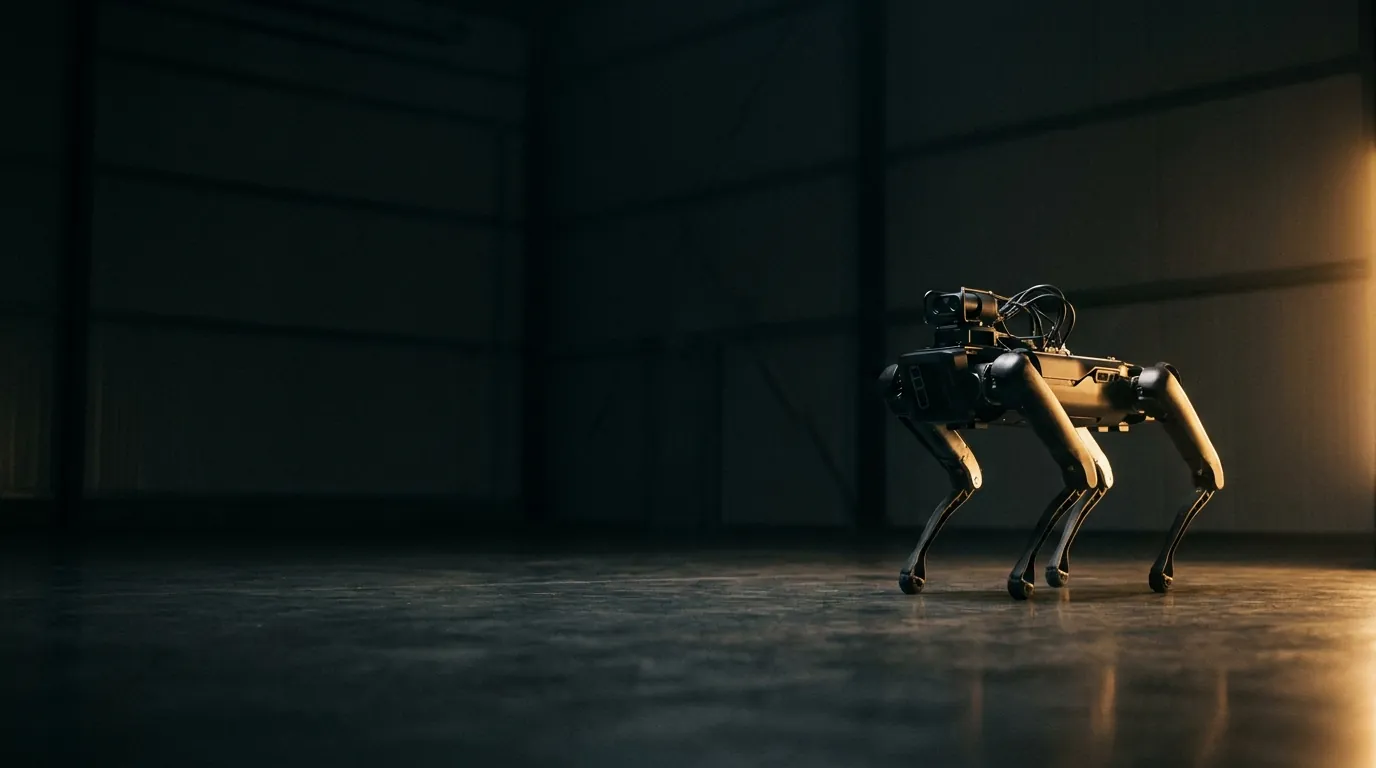 Robot cuadrúpedo iluminado por una sola luz ámbar dentro de una nave industrial a oscuras